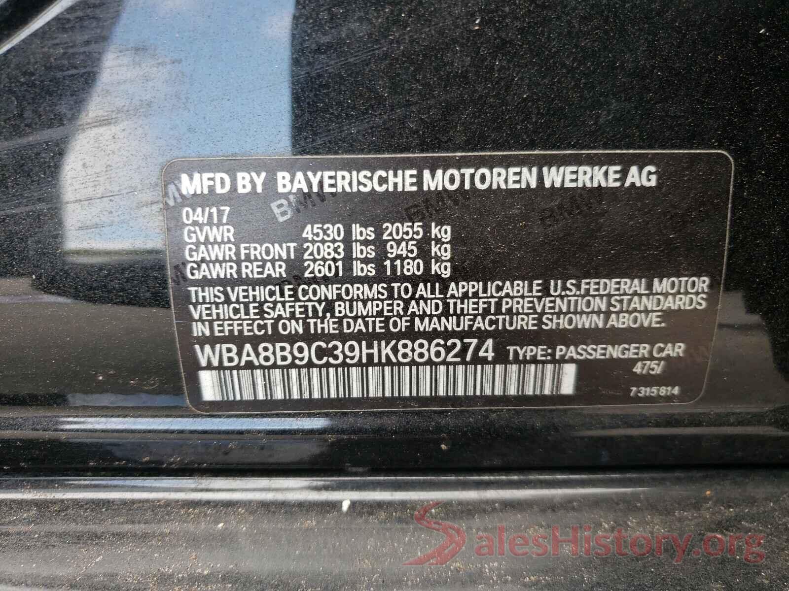 WBA8B9C39HK886274 2017 BMW 3 SERIES