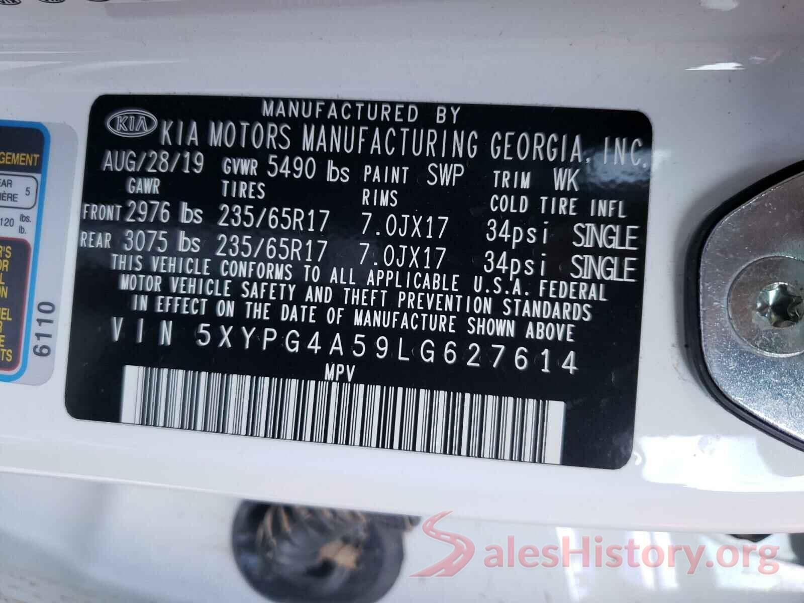 5XYPG4A59LG627614 2020 KIA SORENTO