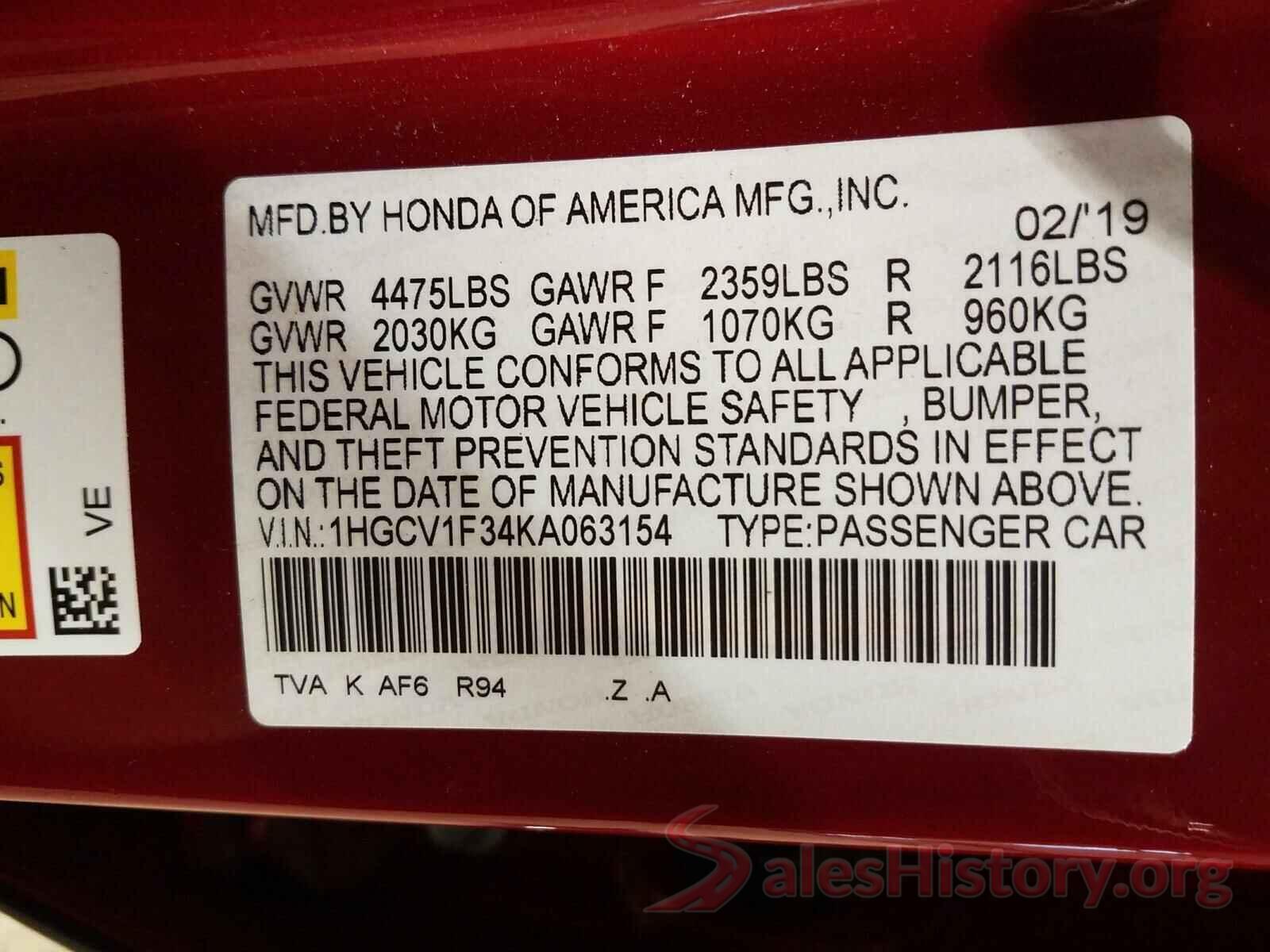 1HGCV1F34KA063154 2019 HONDA ACCORD