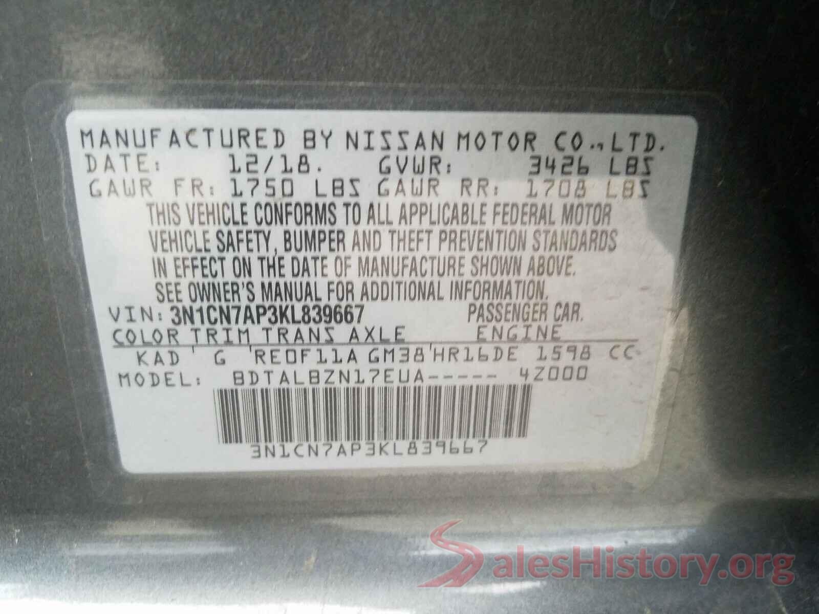 3N1CN7AP3KL839667 2019 NISSAN VERSA