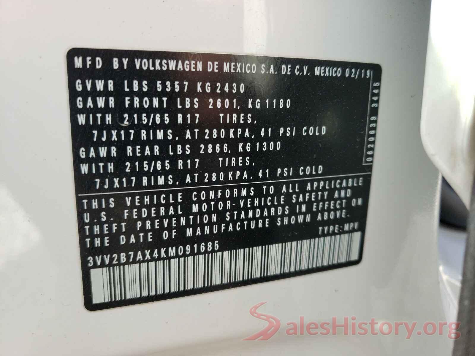 3VV2B7AX4KM091685 2019 VOLKSWAGEN TIGUAN