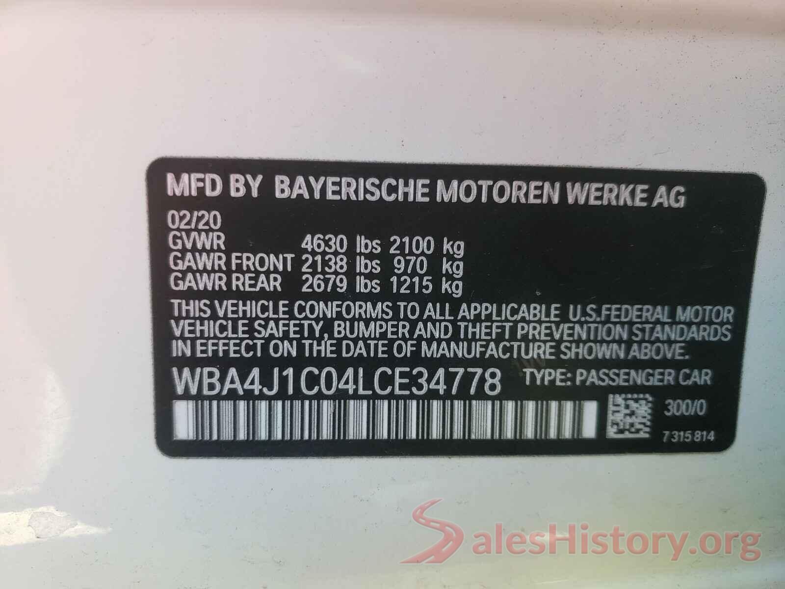 WBA4J1C04LCE34778 2020 BMW 4 SERIES