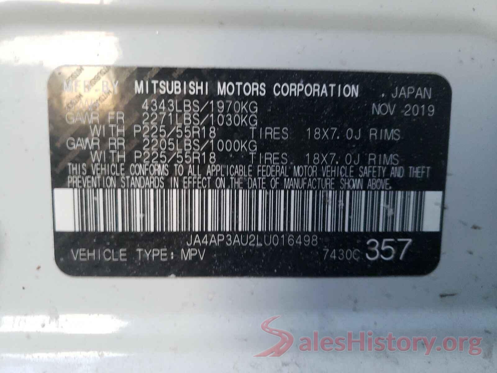 JA4AP3AU2LU016498 2020 MITSUBISHI OUTLANDER