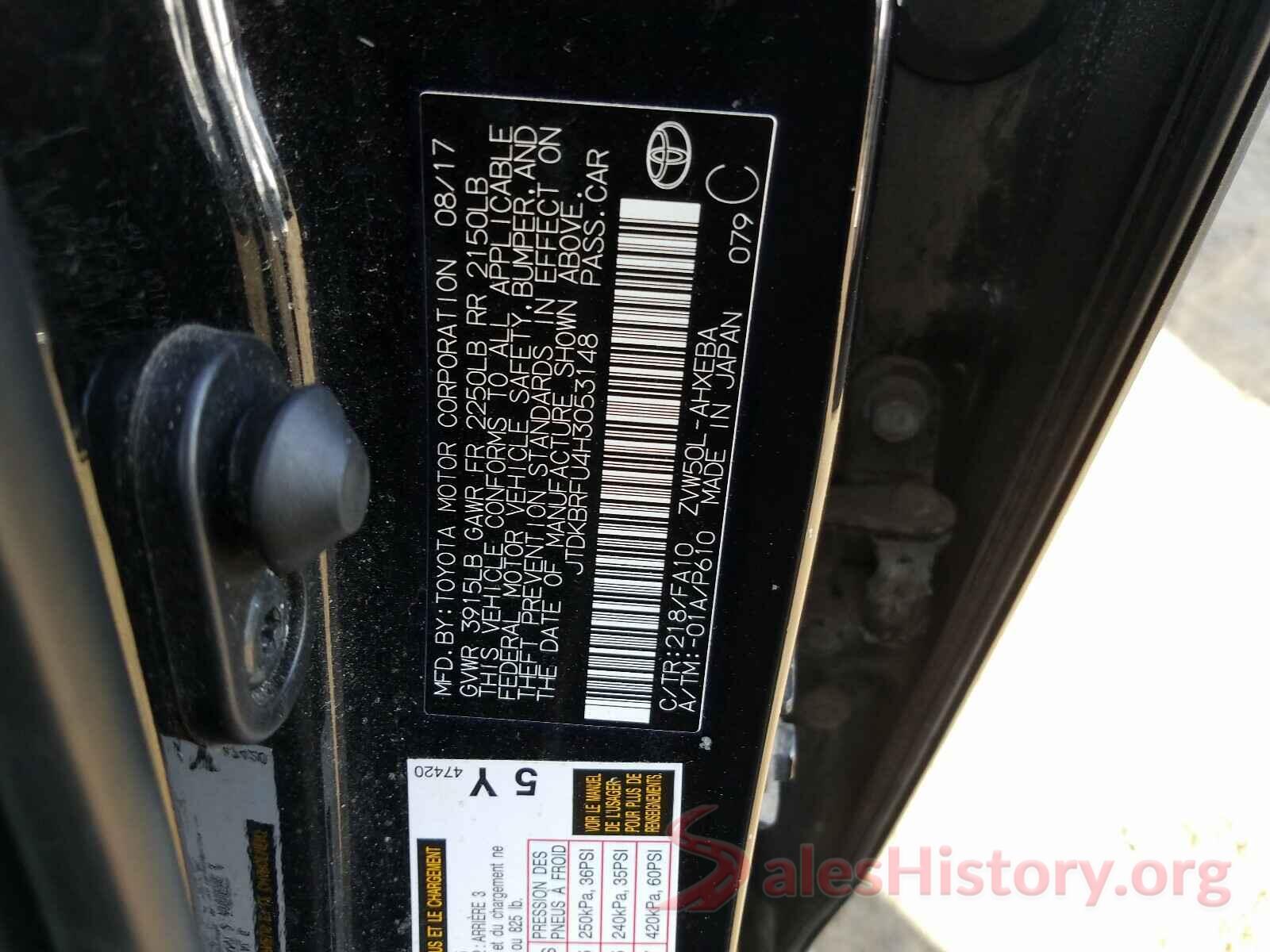 JTDKBRFU4H3053148 2017 TOYOTA PRIUS