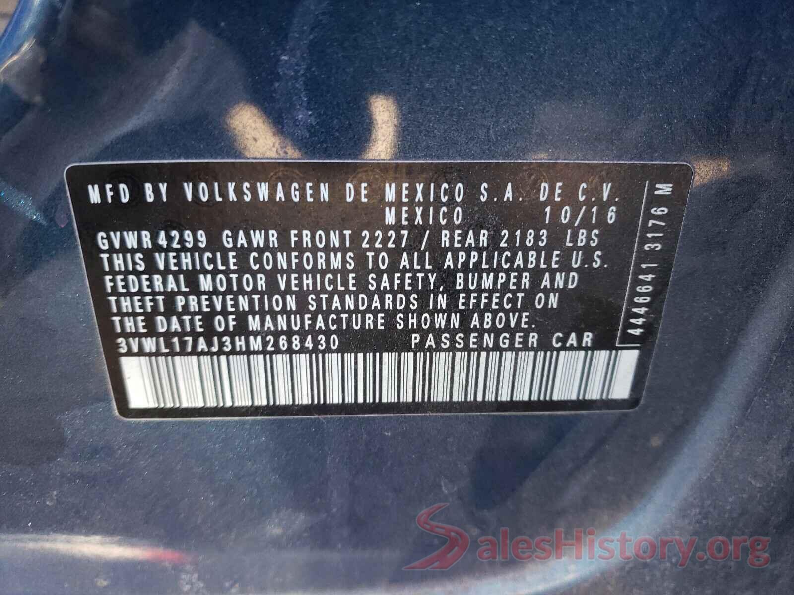 3VWL17AJ3HM268430 2017 VOLKSWAGEN JETTA