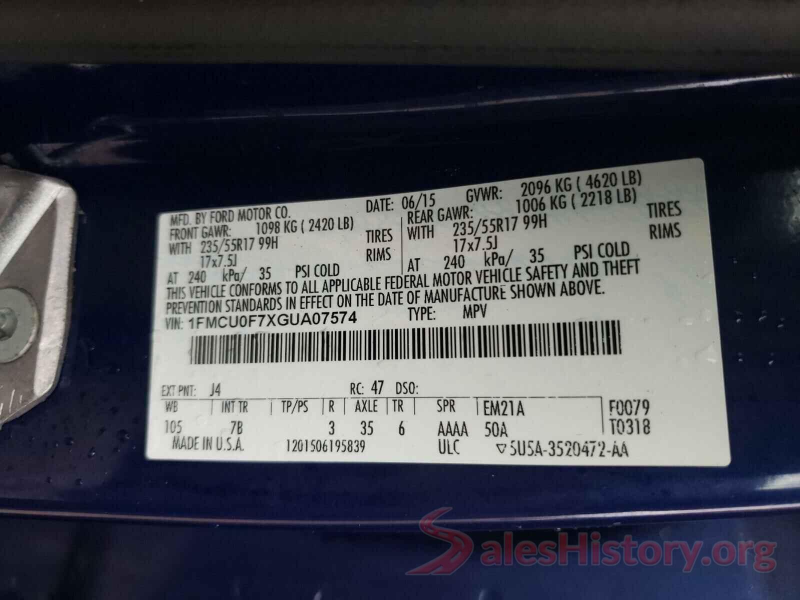 1FMCU0F7XGUA07574 2016 FORD ESCAPE