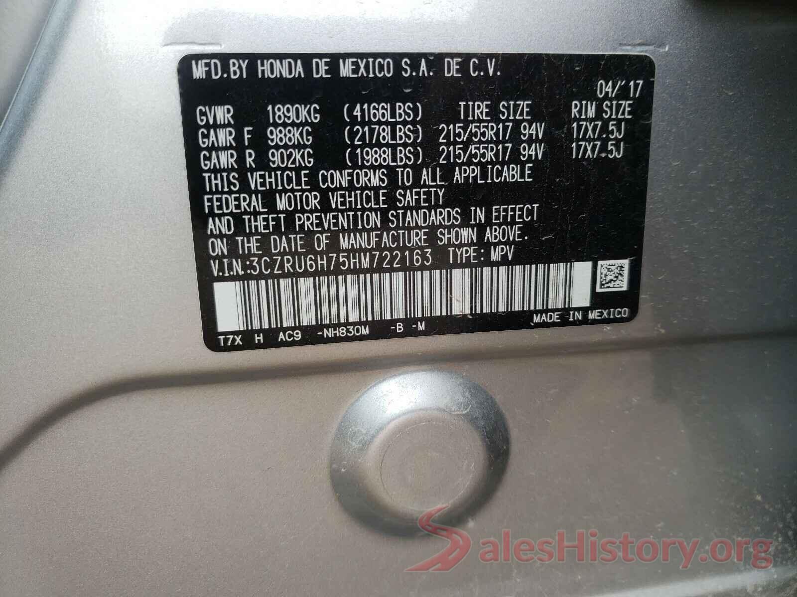 3CZRU6H75HM722163 2017 HONDA HR-V