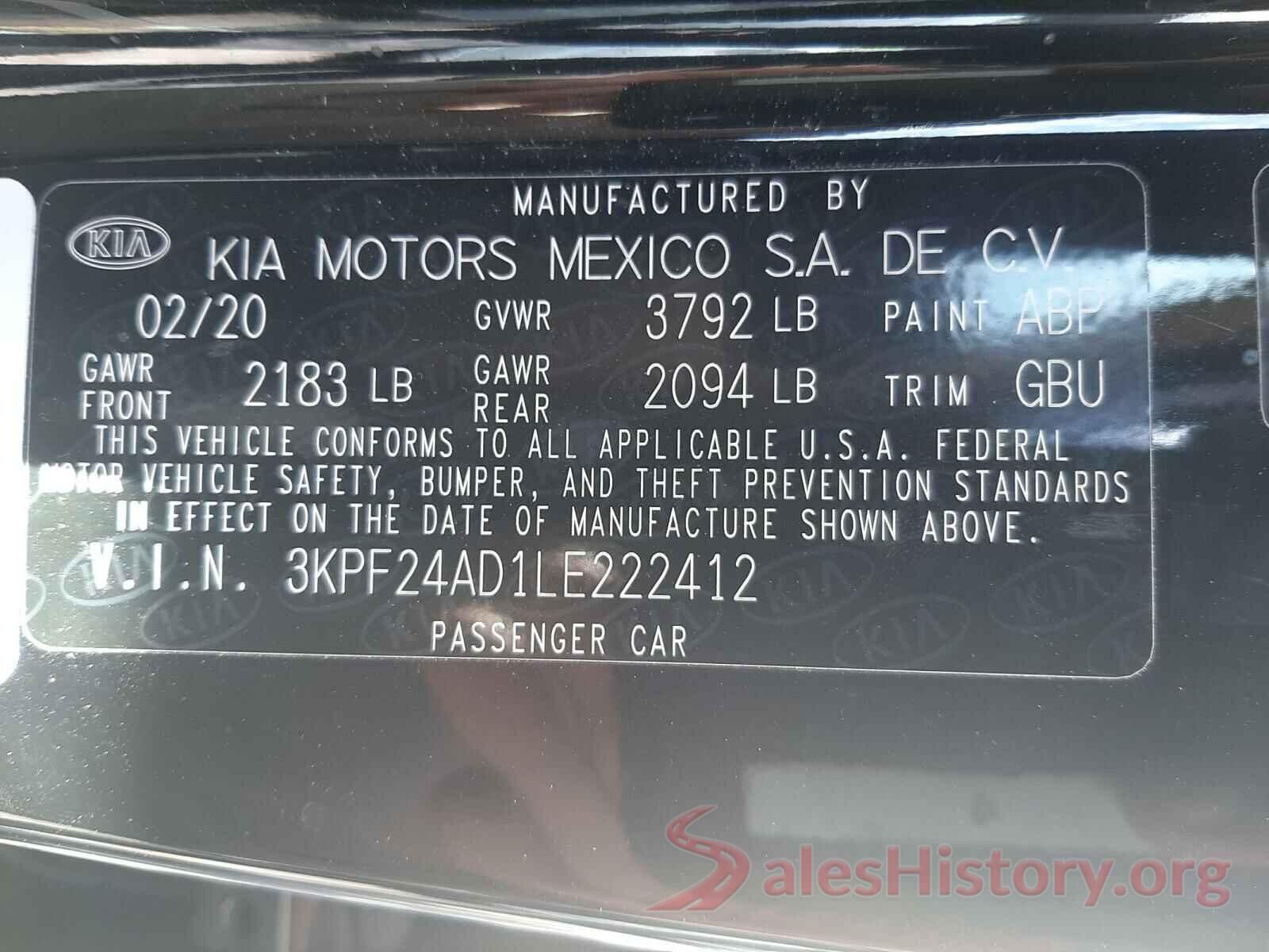 3KPF24AD1LE222412 2020 KIA FORTE