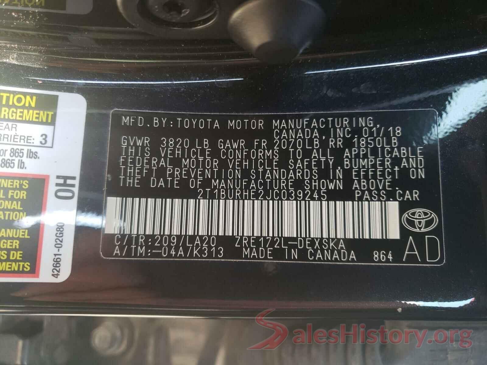 2T1BURHE2JC039245 2018 TOYOTA COROLLA