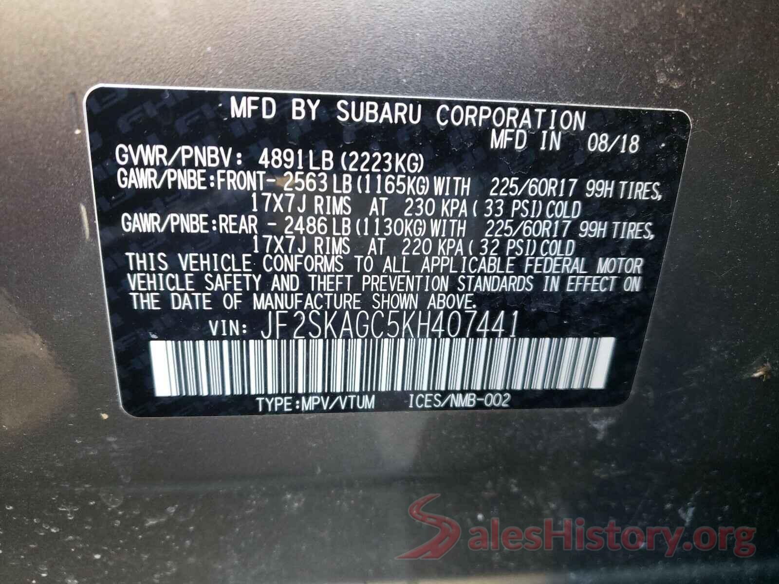 JF2SKAGC5KH407441 2019 SUBARU FORESTER