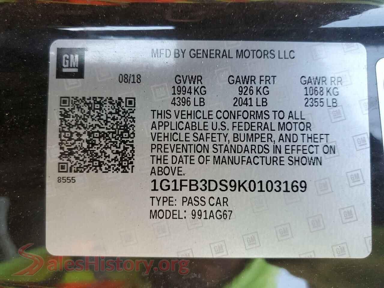 2019 CHEVROLET CAMARO VIN 1G1FB3DS9K0103169, wheel and tire