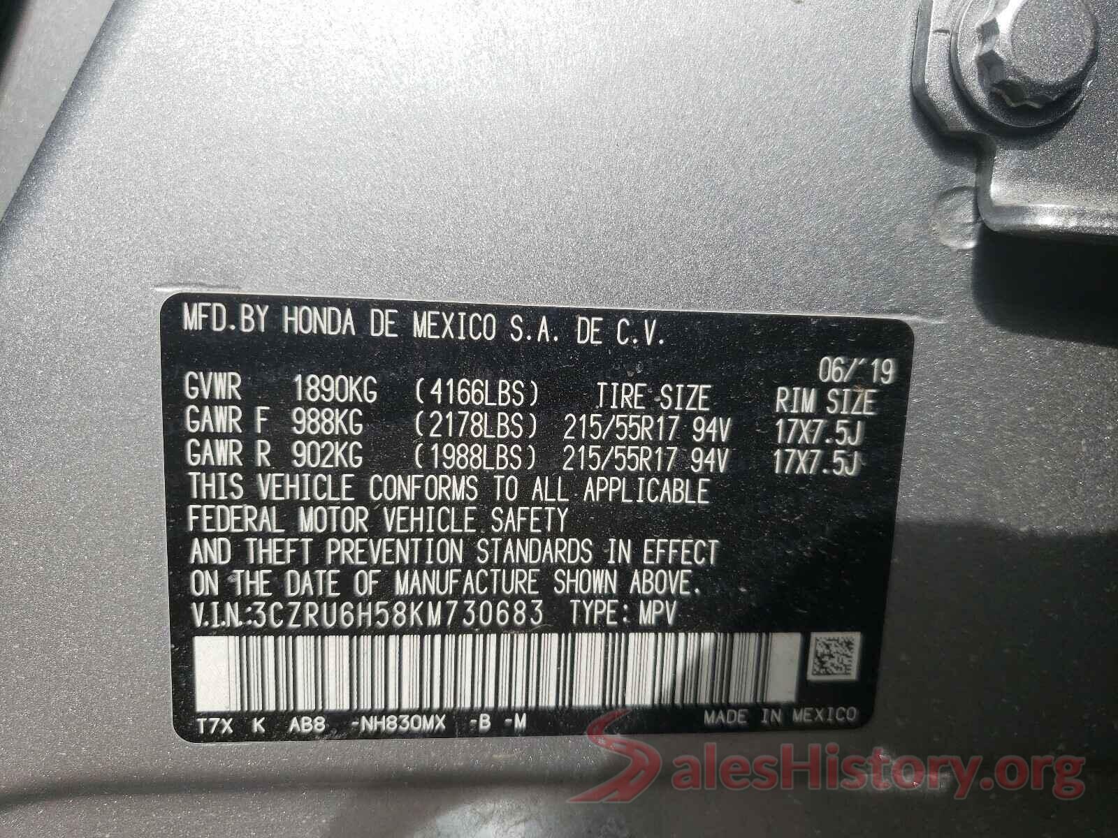 3CZRU6H58KM730683 2019 HONDA HR-V