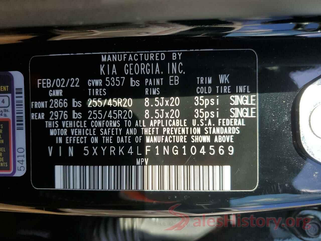 5XYRK4LF1NG104569 2022 KIA SORENTO