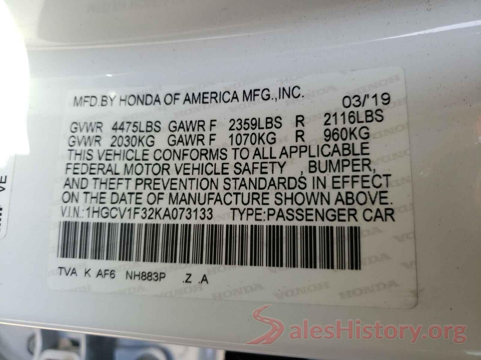 1HGCV1F32KA073133 2019 HONDA ACCORD