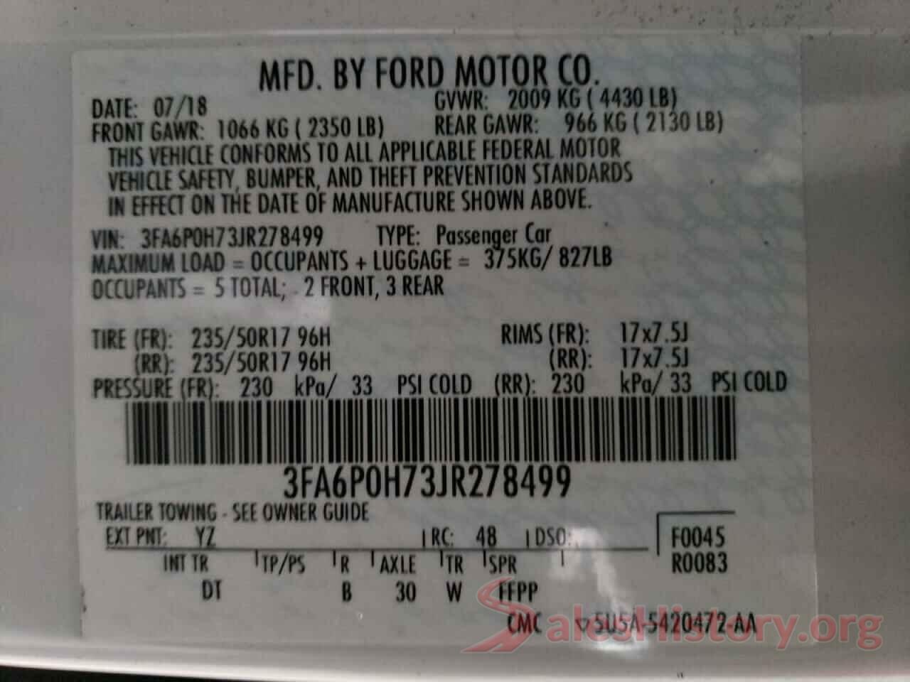 3FA6P0H73JR278499 2018 FORD FUSION