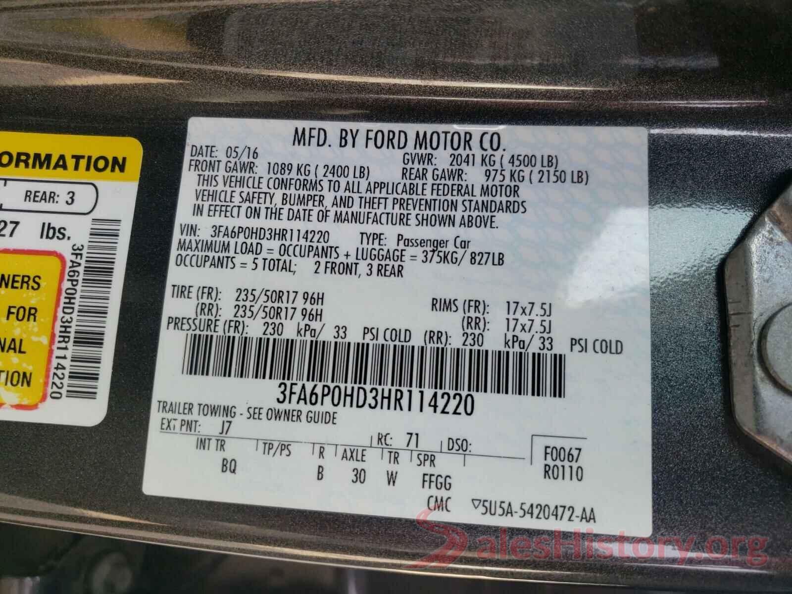 3FA6P0HD3HR114220 2017 FORD FUSION