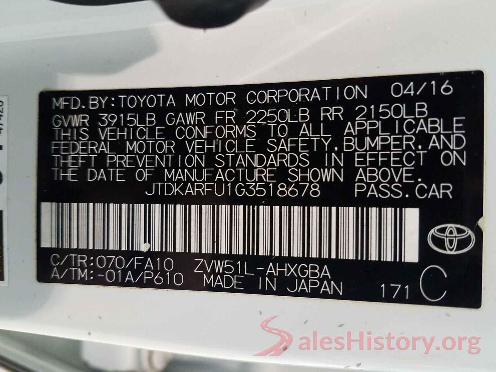 JTDKARFU1G3518678 2016 TOYOTA PRIUS