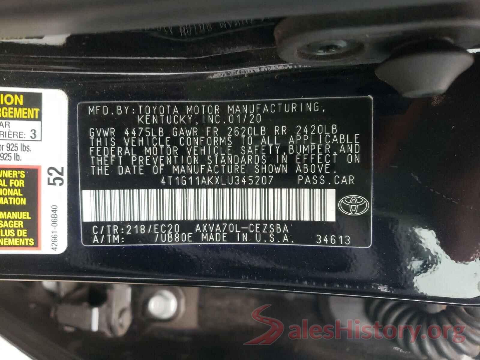 4T1G11AKXLU345207 2020 TOYOTA CAMRY