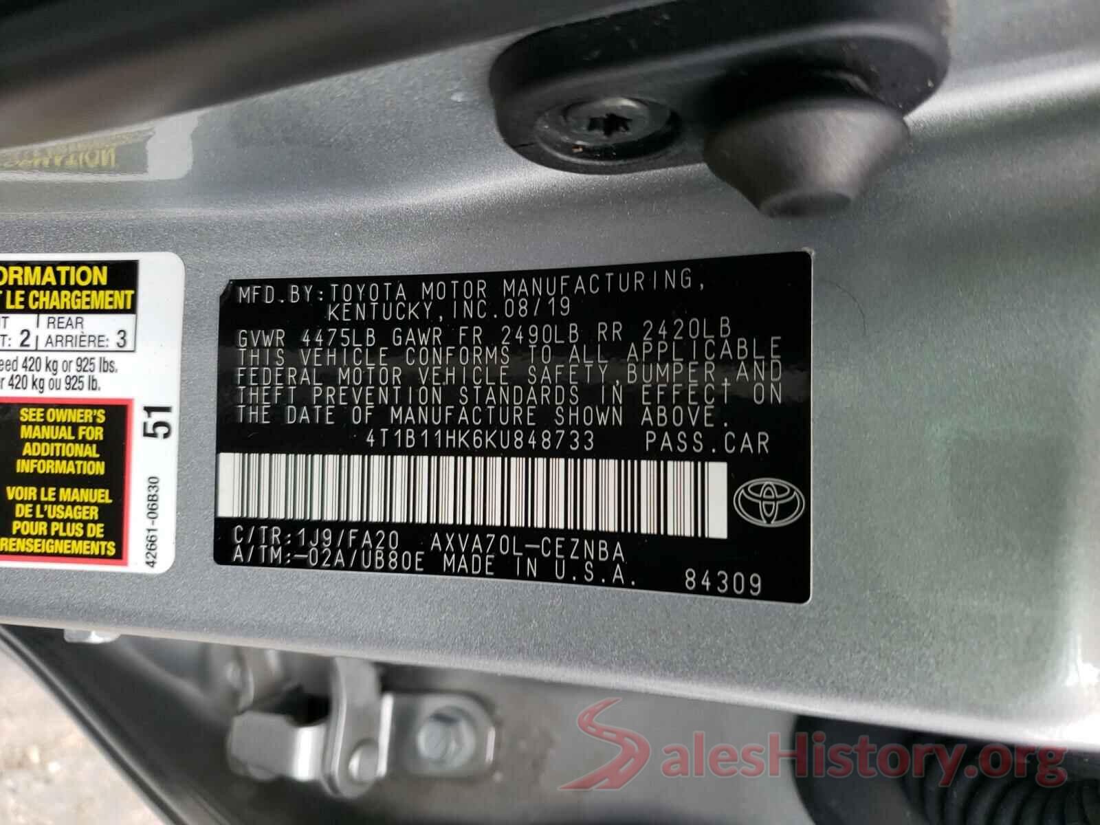 4T1B11HK6KU848733 2019 TOYOTA CAMRY