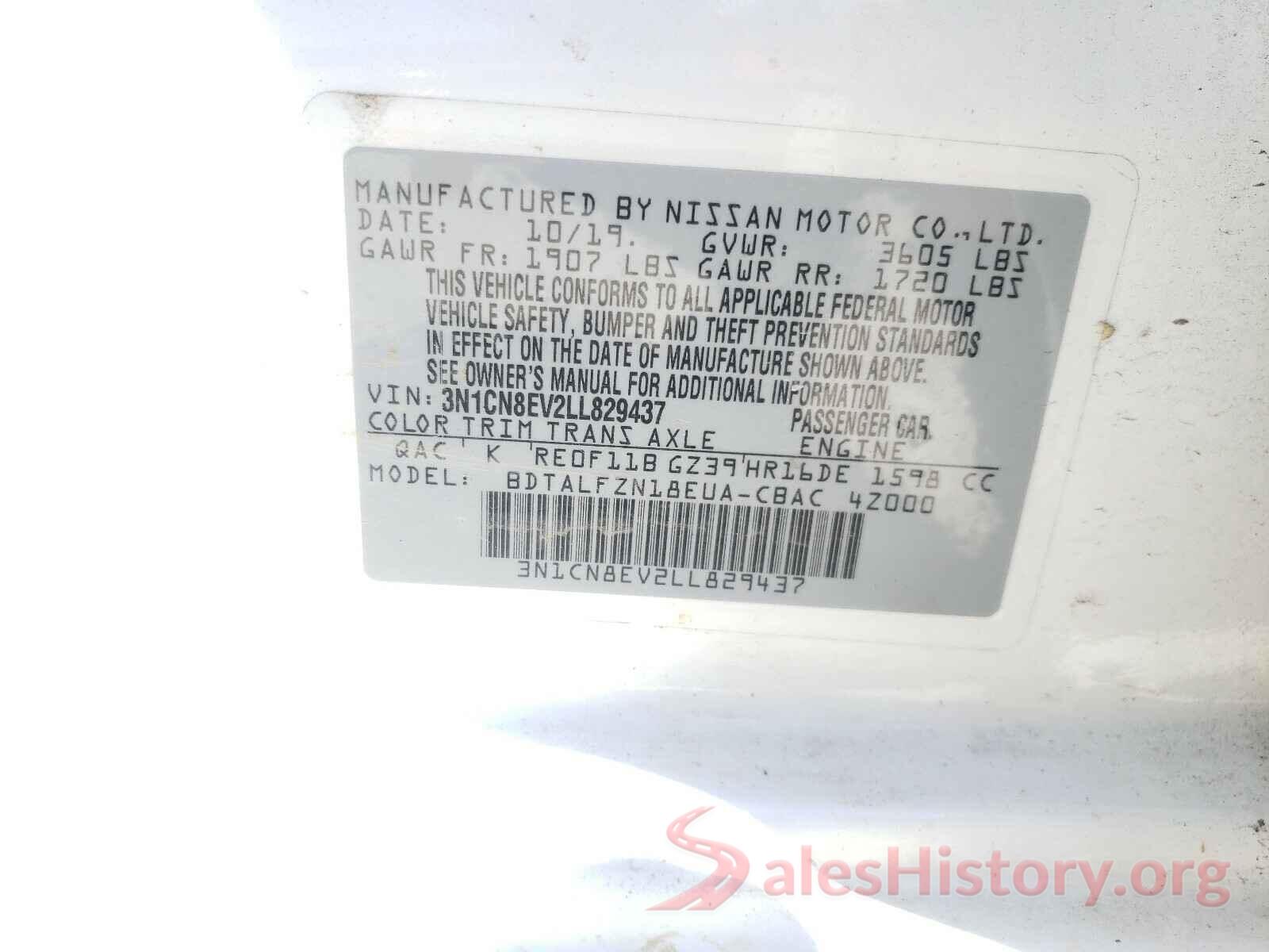 3N1CN8EV2LL829437 2020 NISSAN VERSA