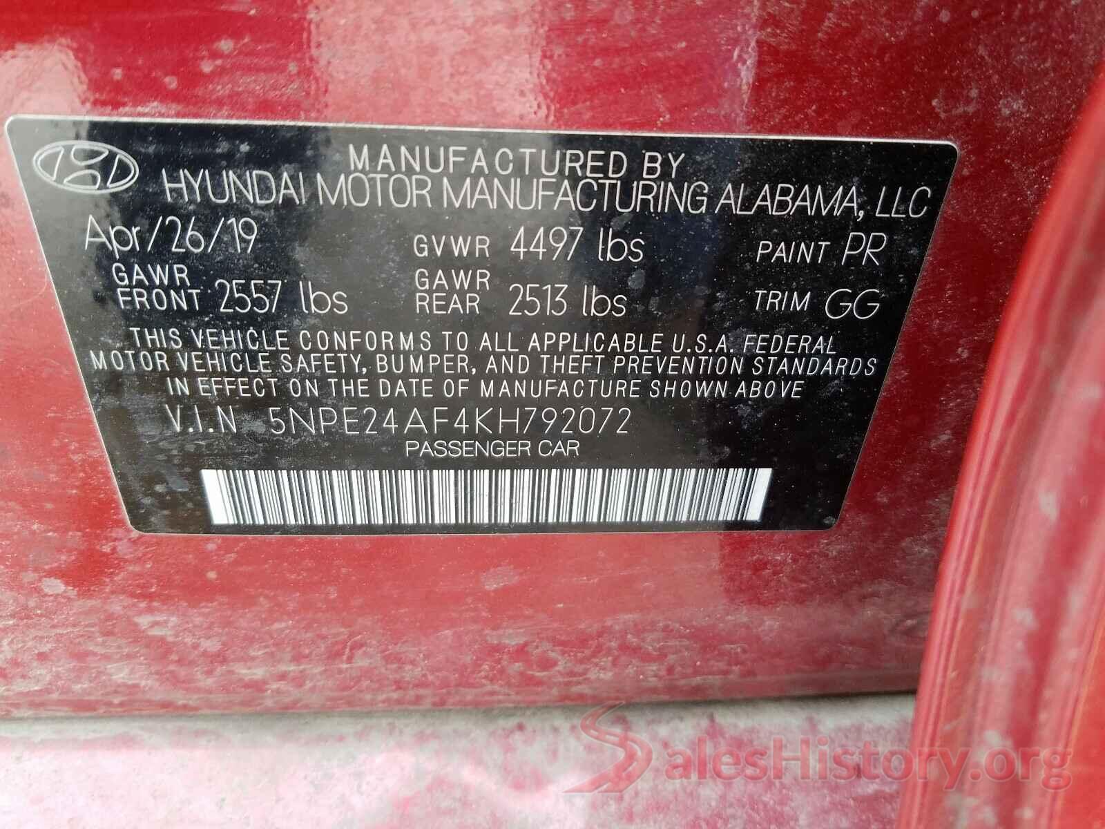 5NPE24AF4KH792072 2019 HYUNDAI SONATA