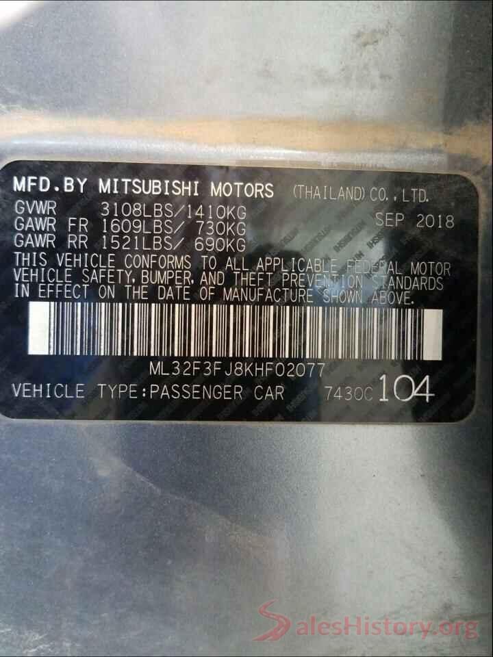 ML32F3FJ8KHF02077 2019 MITSUBISHI MIRAGE