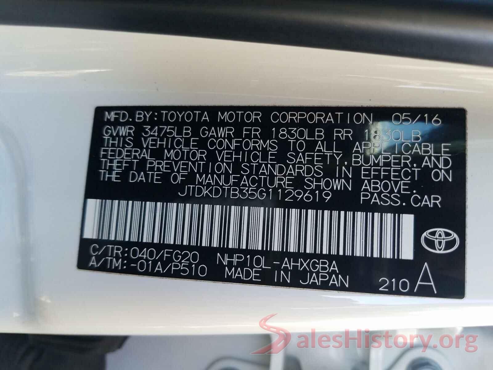 JTDKDTB35G1129619 2016 TOYOTA PRIUS