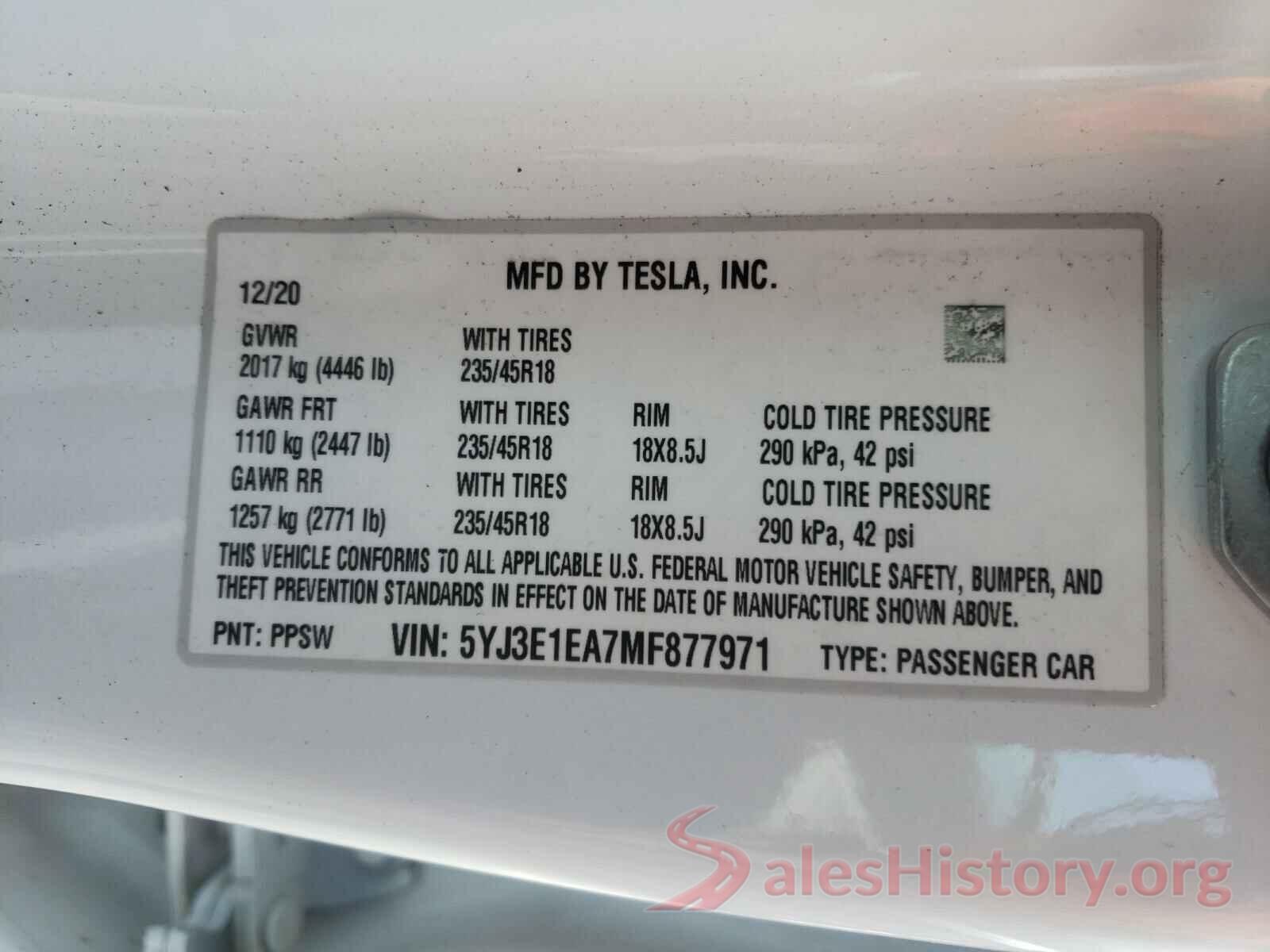 5YJ3E1EA7MF877971 2021 TESLA MODEL 3