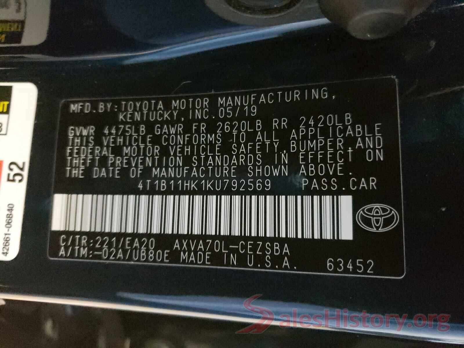 4T1B11HK1KU792569 2019 TOYOTA CAMRY