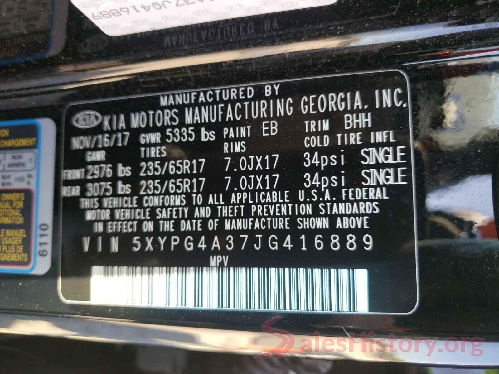 5XYPG4A37JG416889 2018 KIA SORENTO