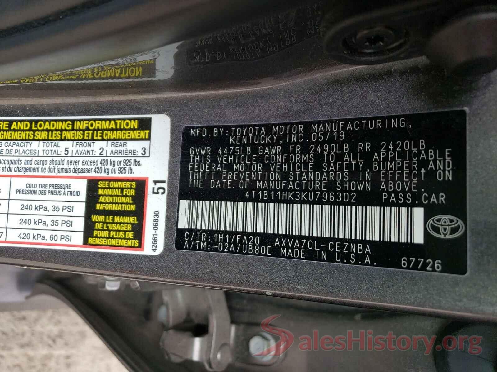 4T1B11HK3KU796302 2019 TOYOTA CAMRY