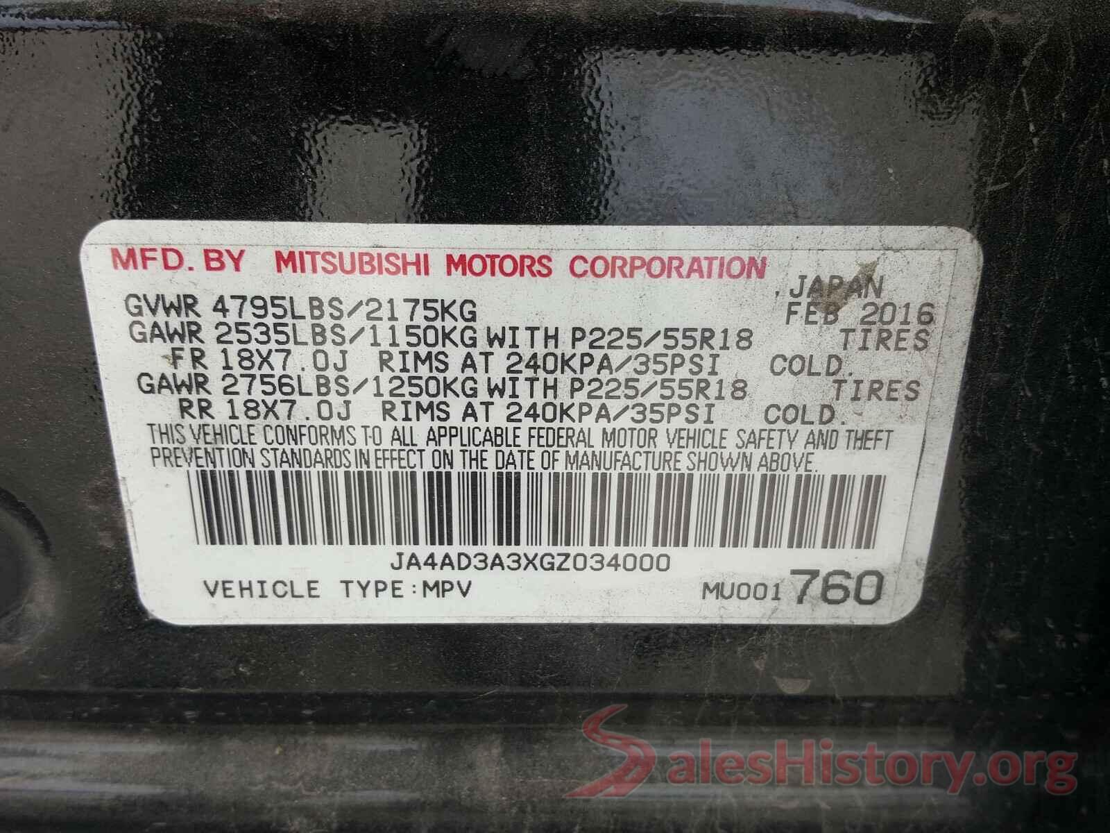 JA4AD3A3XGZ034000 2016 MITSUBISHI OUTLANDER