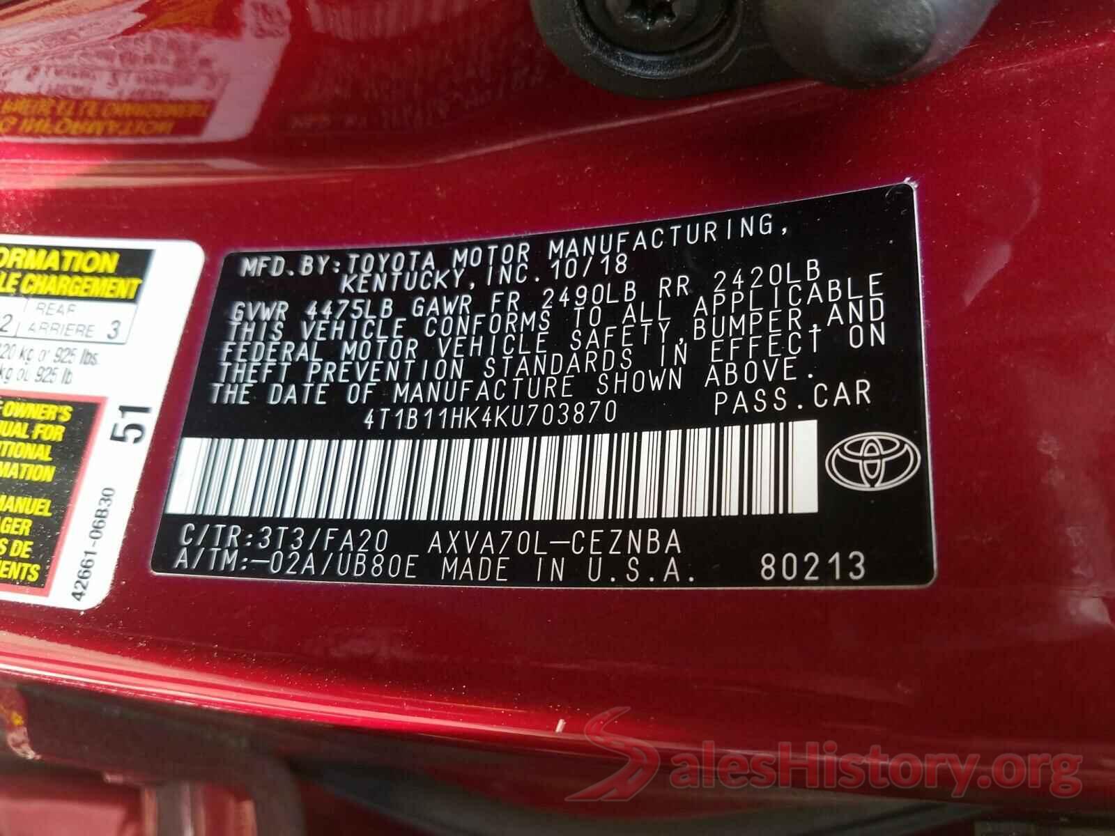 4T1B11HK4KU703870 2019 TOYOTA CAMRY