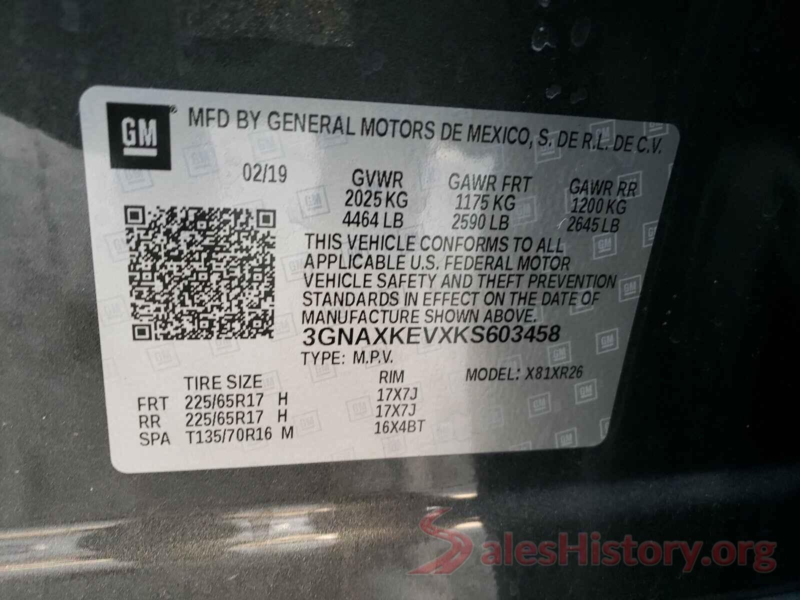 3GNAXKEVXKS603458 2019 CHEVROLET EQUINOX