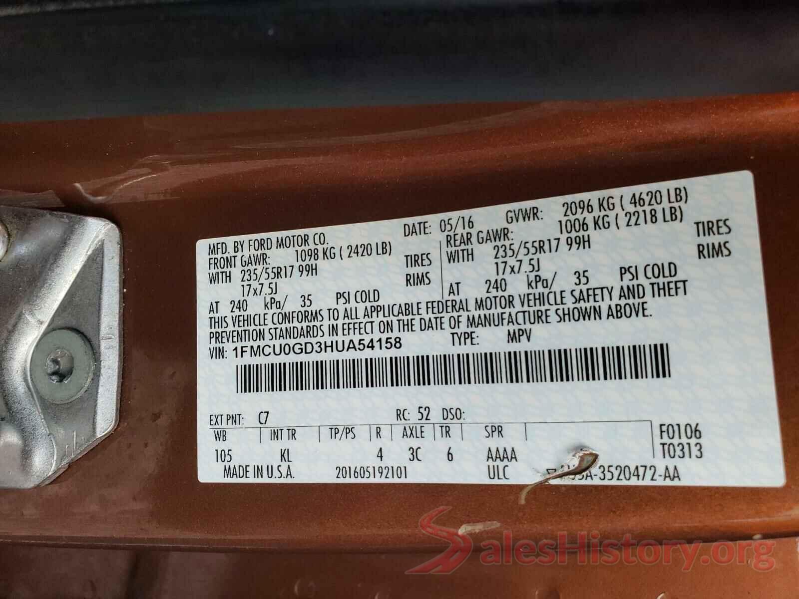 1FMCU0GD3HUA54158 2017 FORD ESCAPE