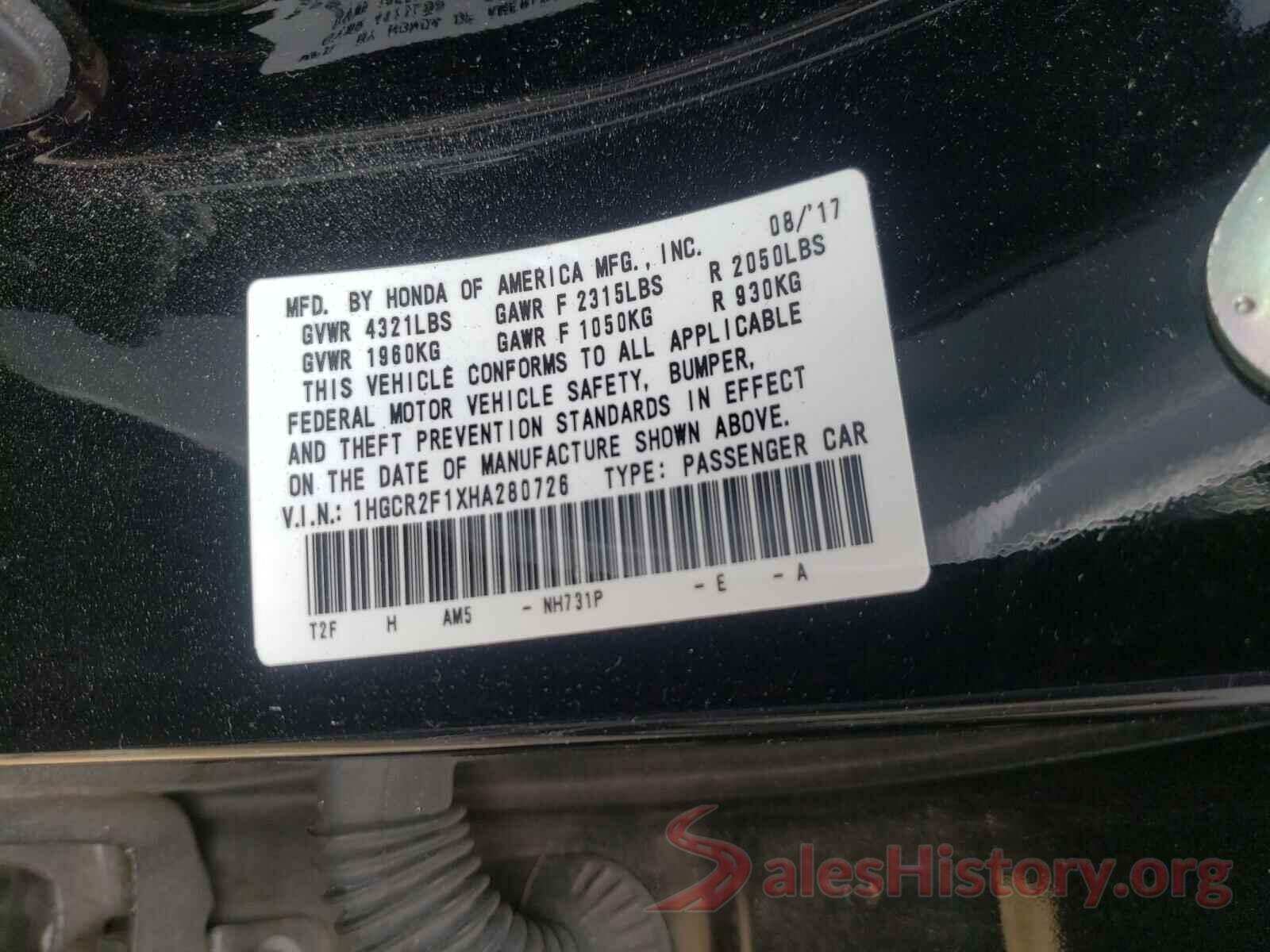 1HGCR2F1XHA280726 2017 HONDA ACCORD