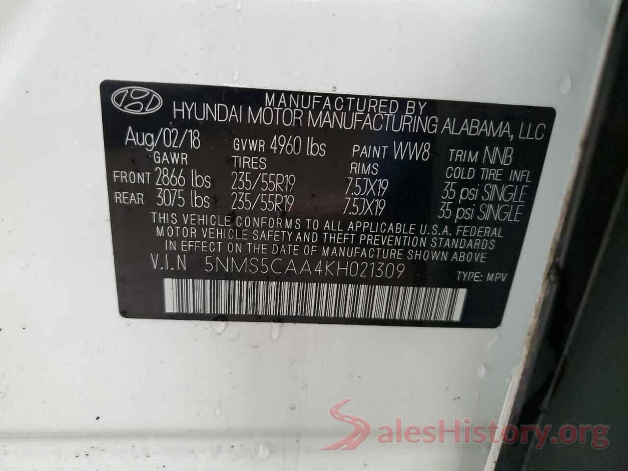 5NMS5CAA4KH021309 2019 HYUNDAI SANTA FE