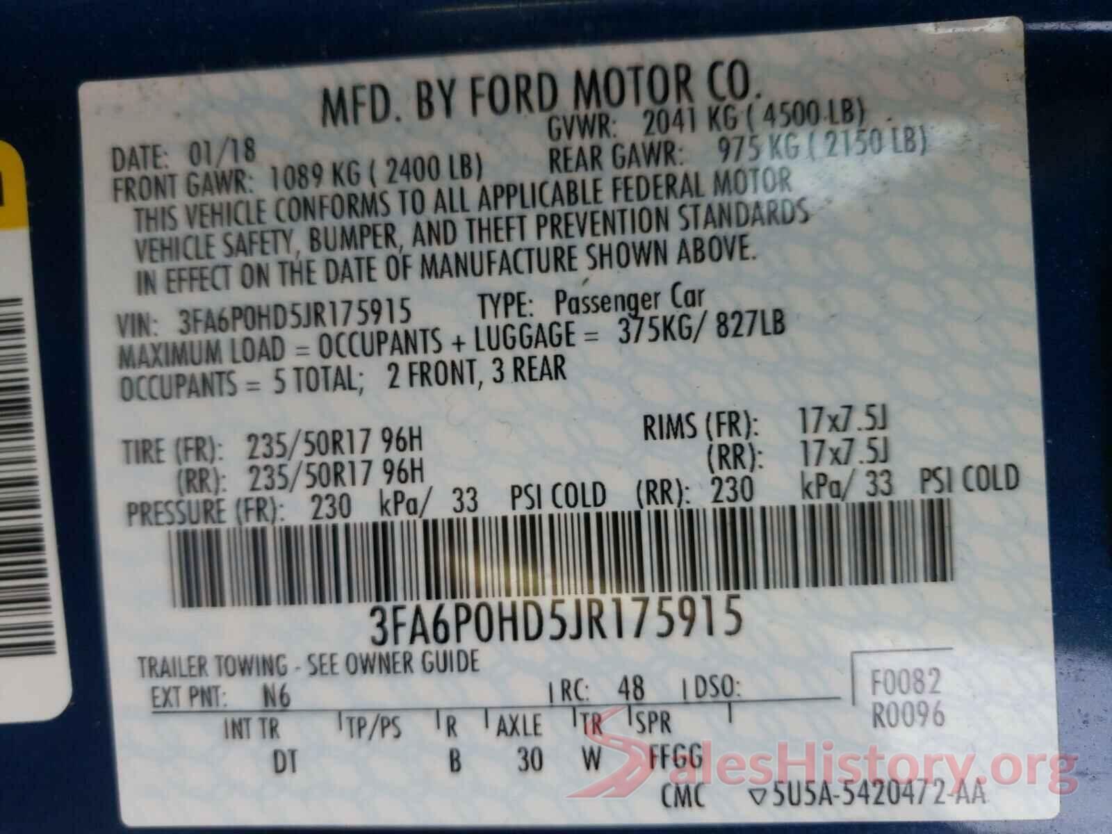 3FA6P0HD5JR175915 2018 FORD FUSION