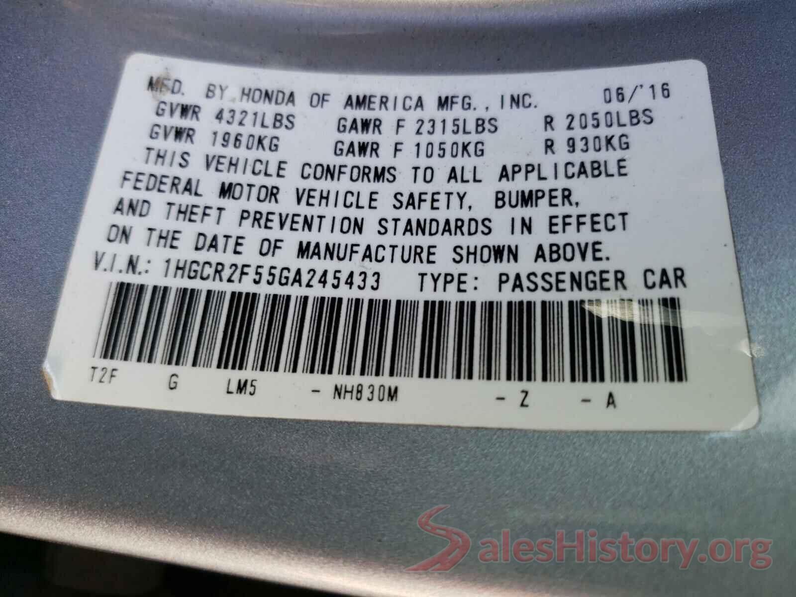 1HGCR2F55GA245433 2016 HONDA ACCORD