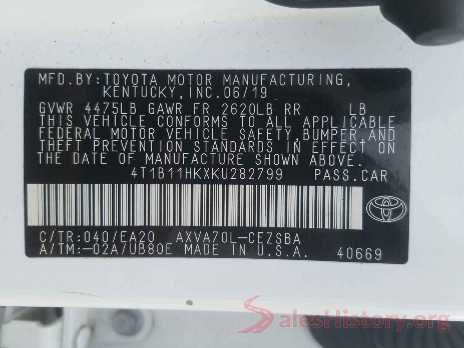 4T1B11HKXKU282799 2019 TOYOTA CAMRY