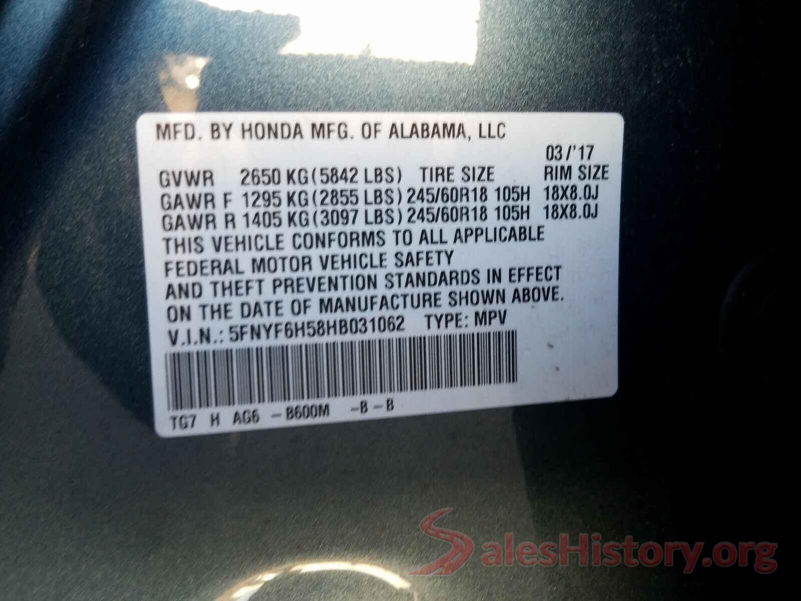 5FNYF6H58HB031062 2017 HONDA PILOT