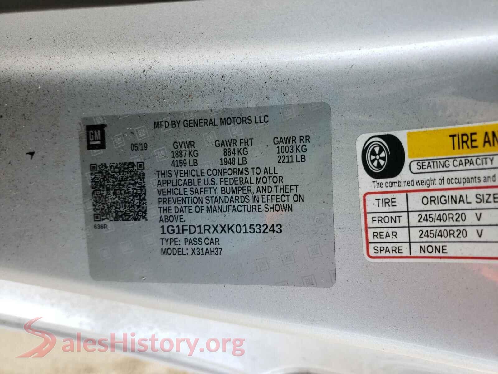 2019 CHEVROLET CAMARO VIN 1G1FD1RXXK0153243, odometer mileage