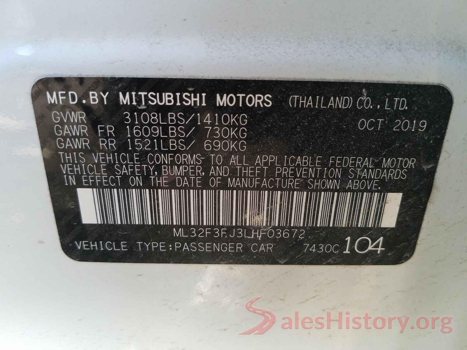 ML32F3FJ3LHF03672 2020 MITSUBISHI MIRAGE