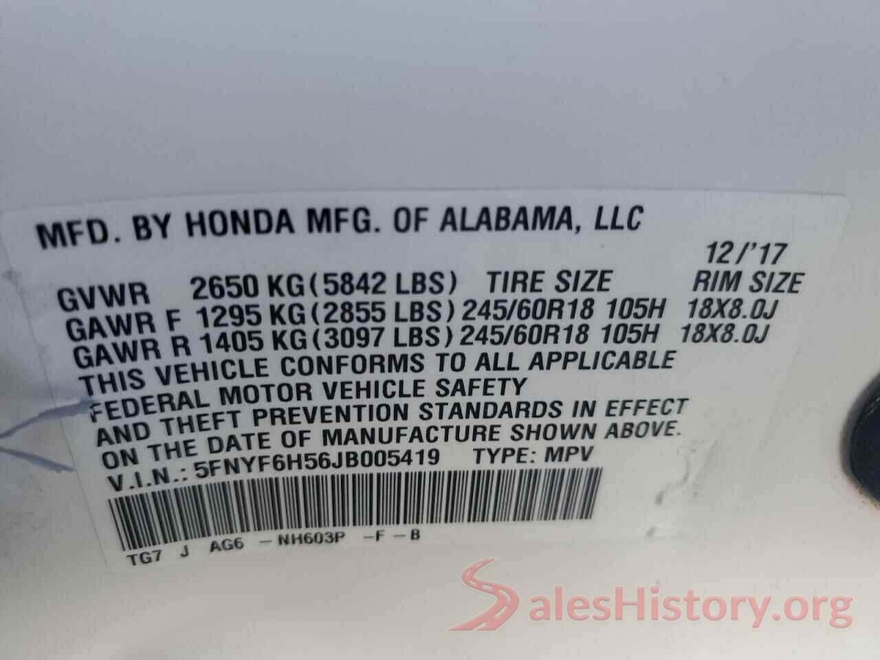 5FNYF6H56JB005419 2018 HONDA PILOT