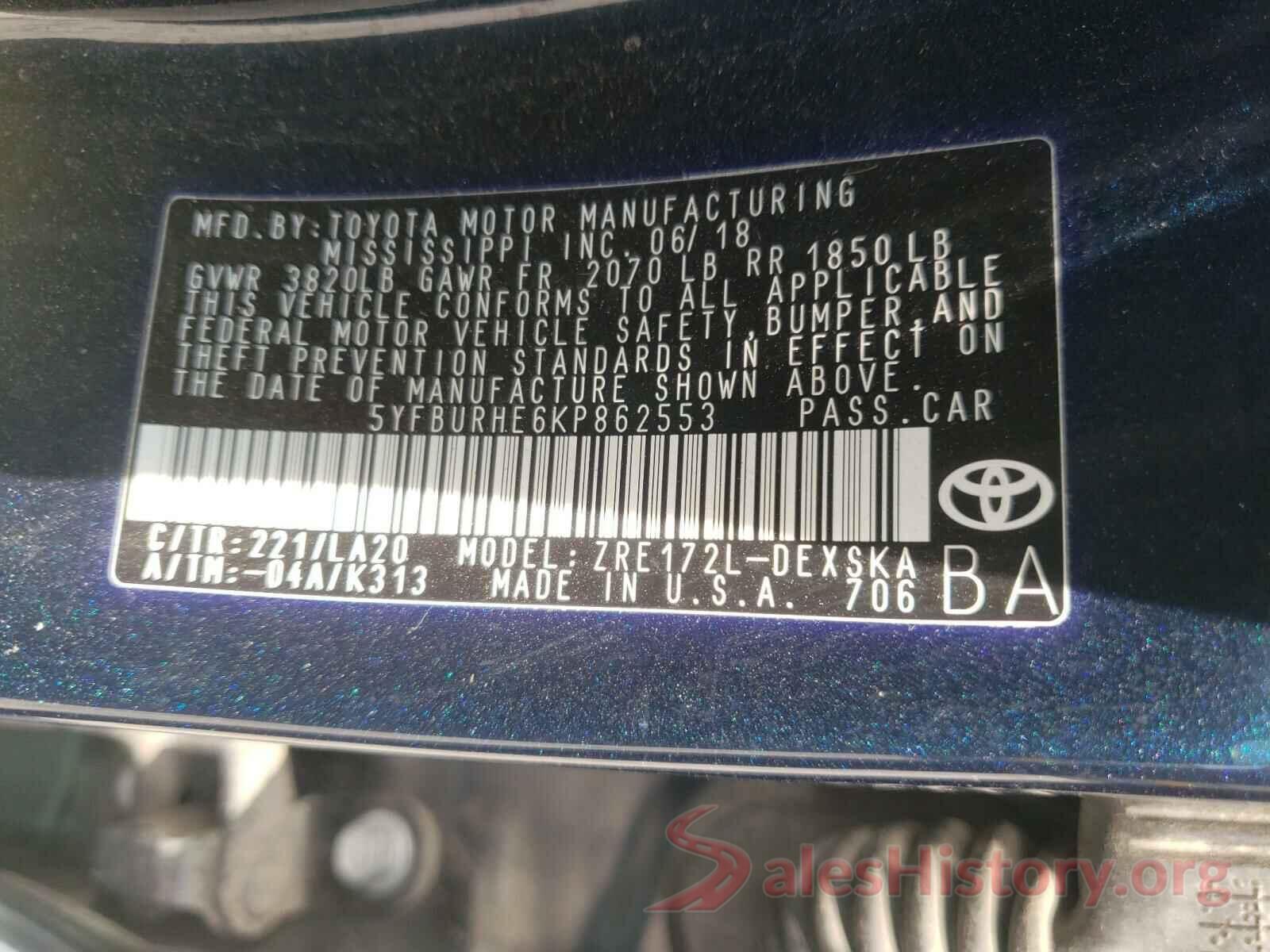 5YFBURHE6KP862553 2019 TOYOTA COROLLA