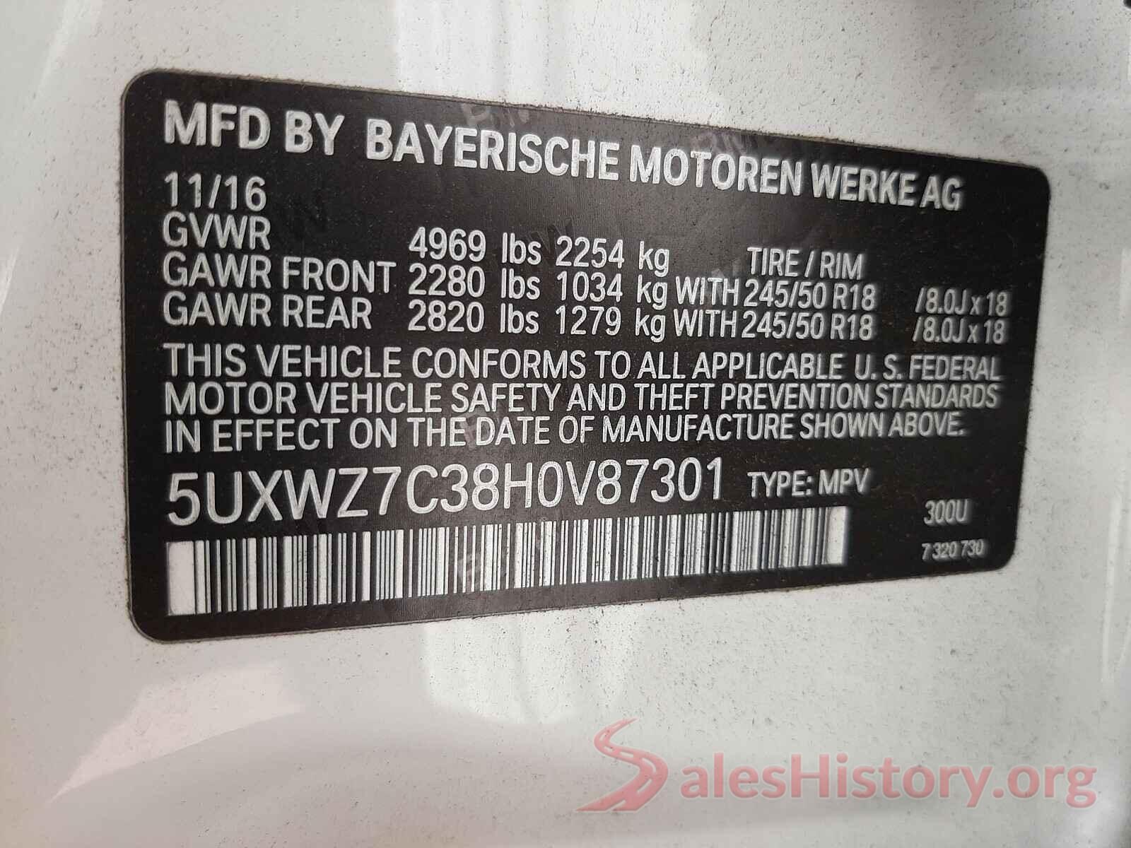 5UXWZ7C38H0V87301 2017 BMW X3