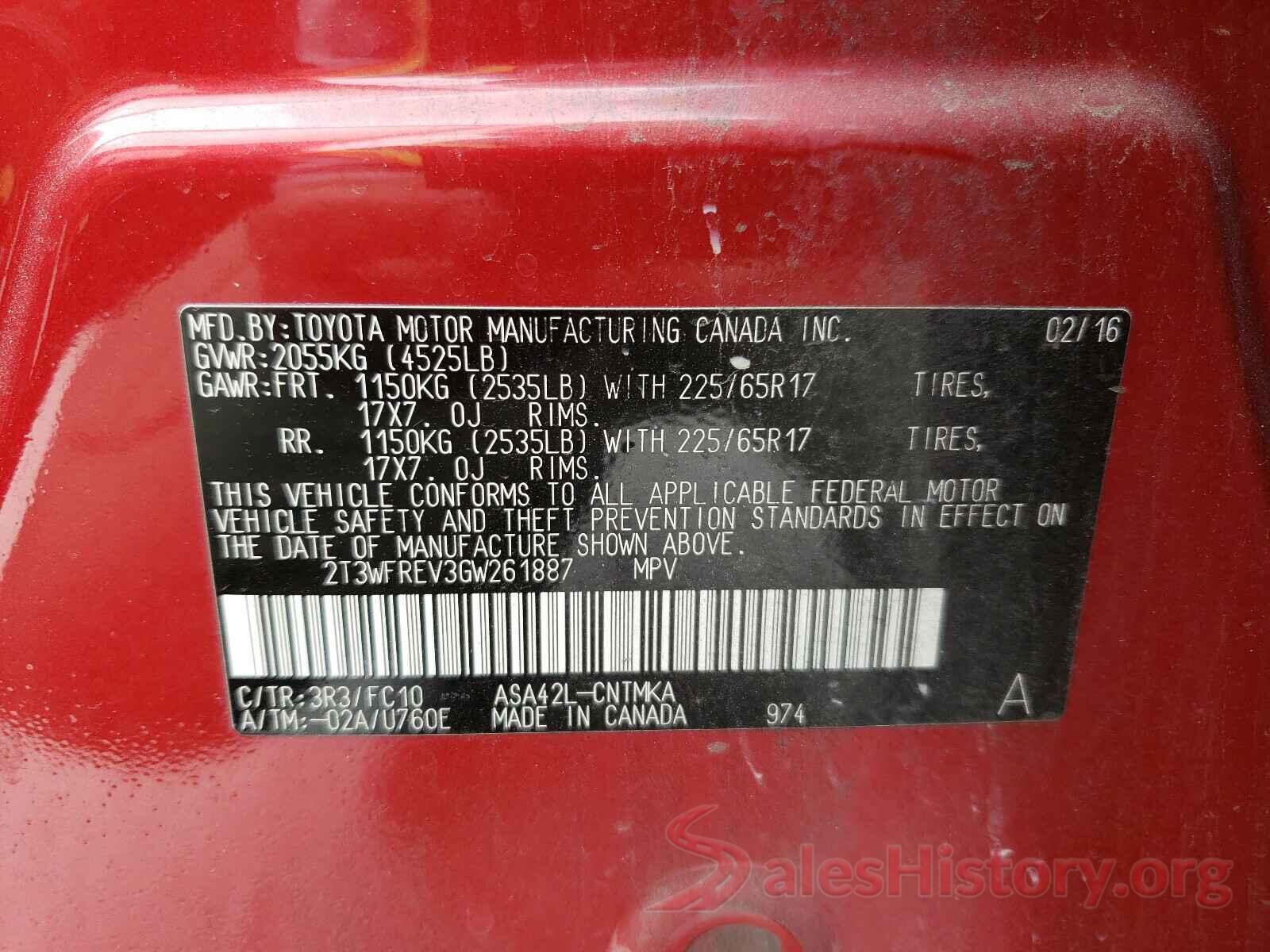 2T3WFREV3GW261887 2016 TOYOTA RAV4