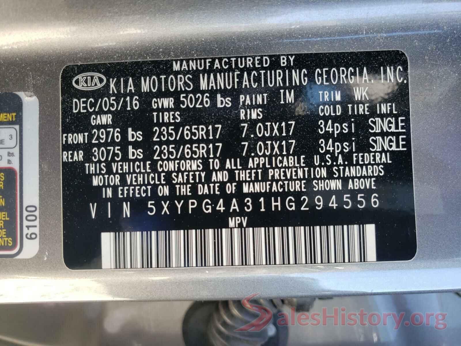 5XYPG4A31HG294556 2017 KIA SORENTO