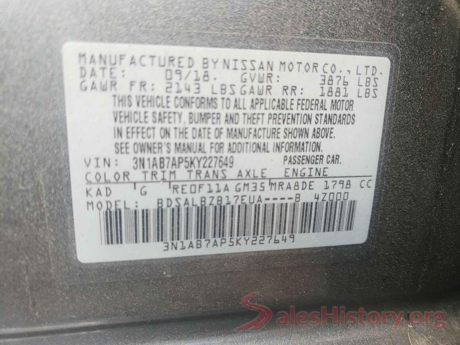 3N1AB7AP5KY227649 2019 NISSAN SENTRA