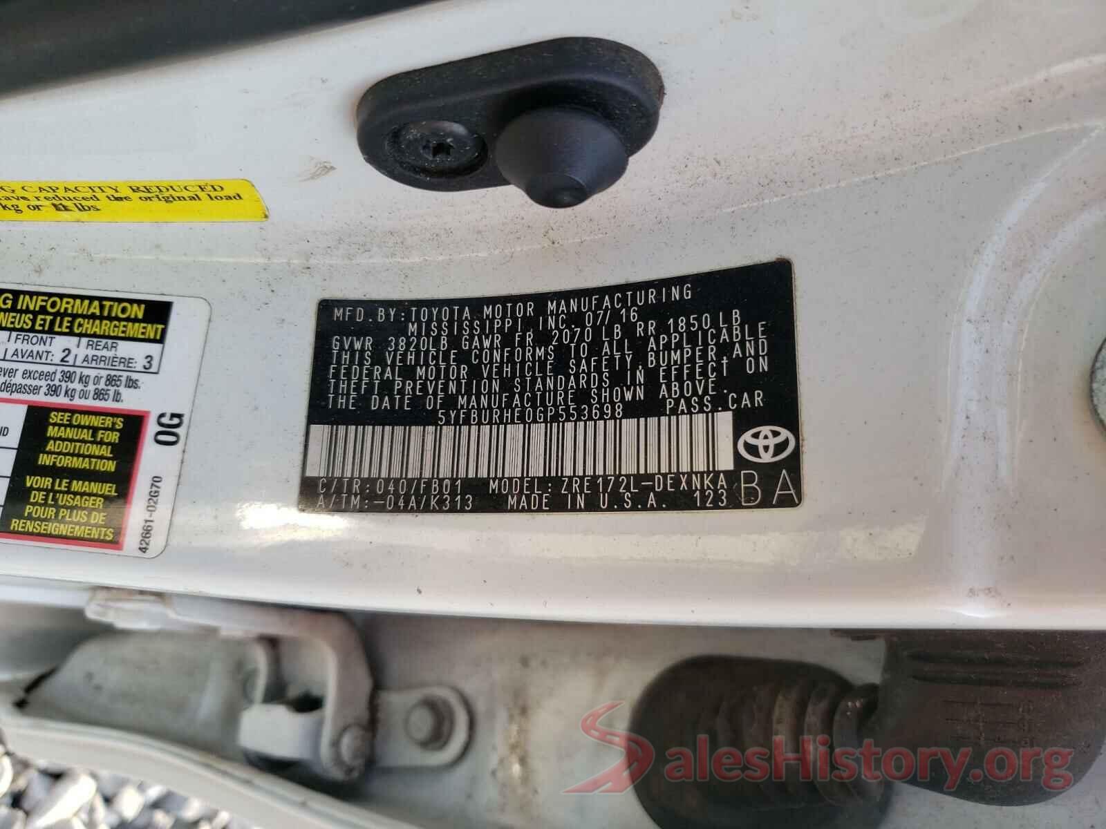 5YFBURHE0GP553698 2016 TOYOTA COROLLA